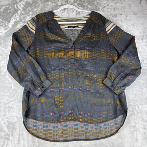 Prana Elsie Blouse Women's Large Gray Pattern V Neck 1/2 Button Boho‎ (1146)